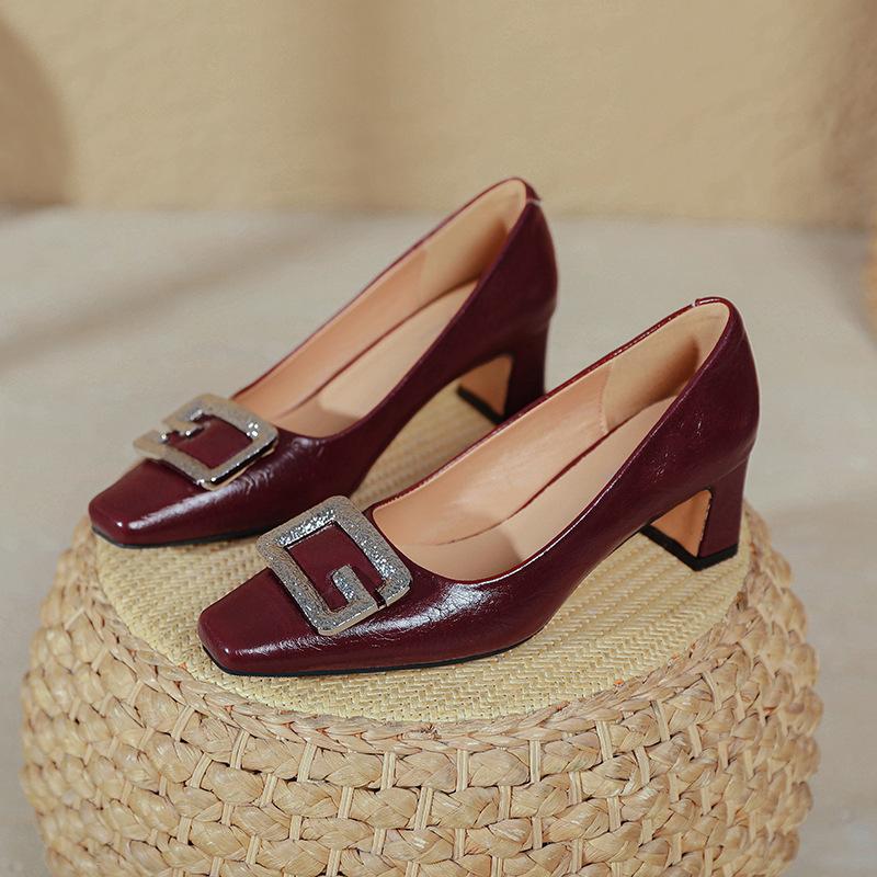 Medium heel shallow mouth single shoes women's new large size women's shoes burgundy square head high heels thick heel