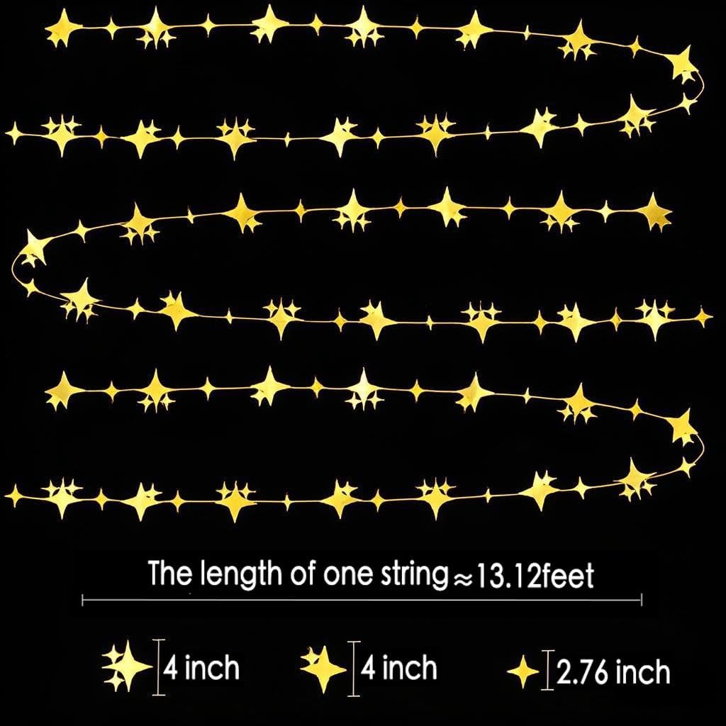 Glitter Gold Four-Angle Star Paper Garland Banner Décor 40 Feet Gold Twinkle Star Hanging Bunting Banner Backdrop for Wedding Baby Shower Birthday