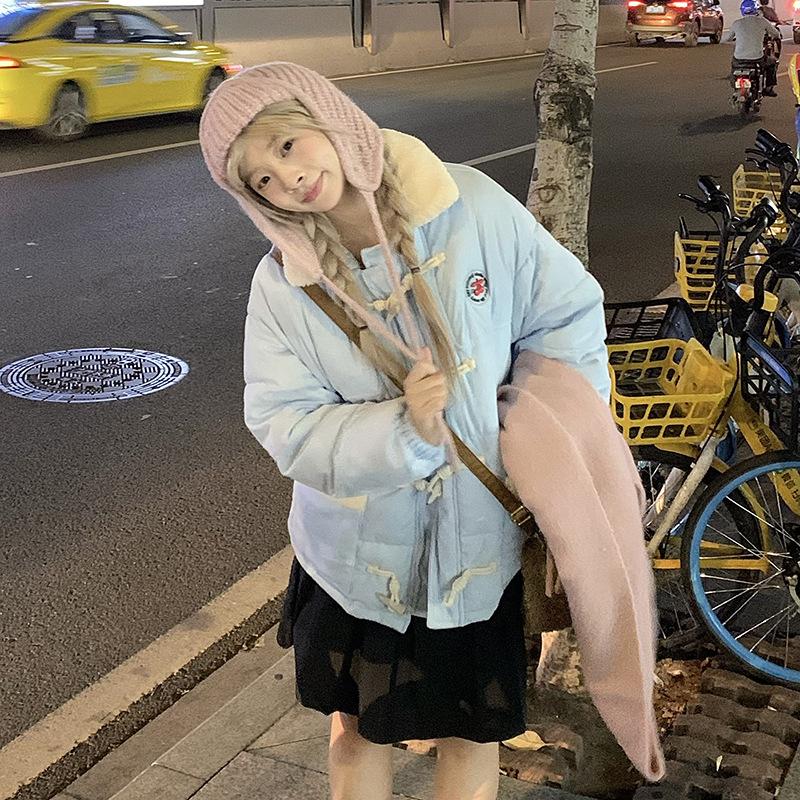 

Маленький пуховик женский новый зимний пуговица-рог утолщенное хлопковое пальто студенческое свободное пальто хлопковая куртка XL