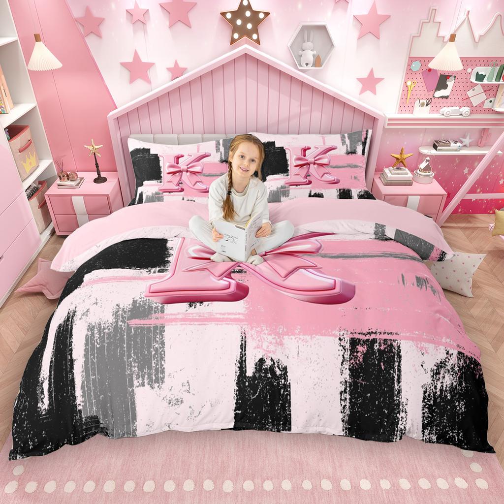 Homewish Girls Bow Monogrammed Duvet Cover Set 2Pcs/3Pcs Black Pink Ombre Bedding Set Personalized Letter A To T Quilt Cover