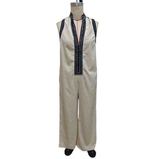 Summer Jumpsuits for Women Stand-collar Sleeveless Loose Overalls with Pockets V-neck Casual Wide Leg Rompers