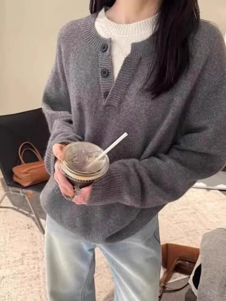 Autumn/Winter Women's 100% Wool Korean Loose Knit Sweater - Soft, Versatile, Round Neck Slimming Pullover Jumper