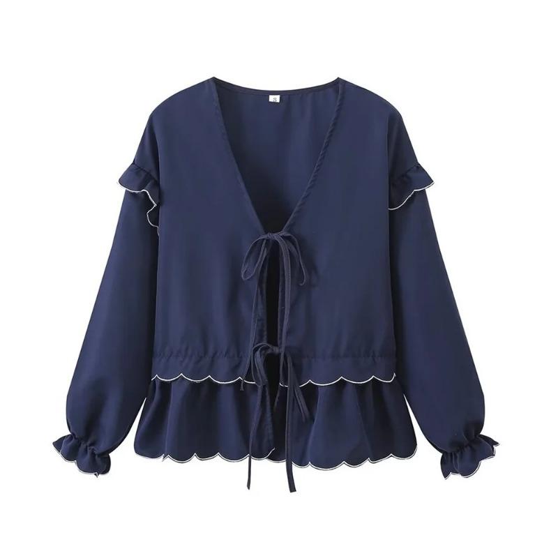

Рубашки с волнистыми оборками и бантом на шнуровке для женщин, весенние повседневные свободные блузки с V-образным вырезом и длинными рукавами, женские топы в стиле «темперамент» L синий