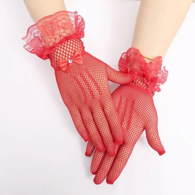 

Hand Punching Gloves Stockings Gloves Lace Thin Female Black Silk Sexy Oversleeves Fishnet JK Lolita Red * Lace Bows All yards