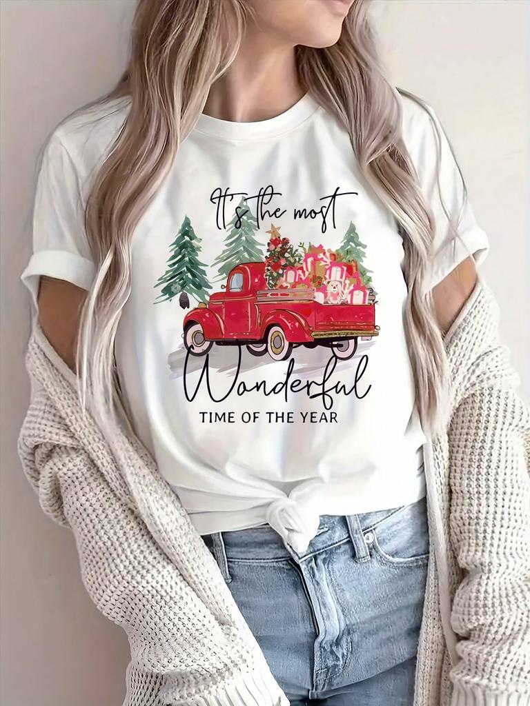 Unisex Y2k Christmas Graphic TShirt Xmas Letter Slogan Tree Gift Car Print Breathable Crew Neck Short Sleeve