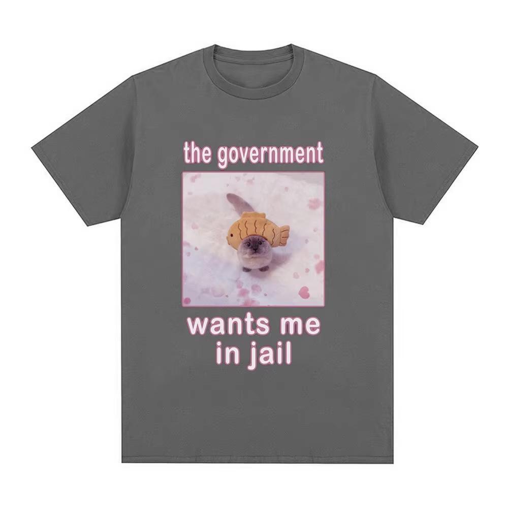 The Government Wants Me in Jail Funnt Cat Meme T Shirts Mens Women Fashion Harajuku Tshirt Cotton Casual Short Sleeve Tshirts