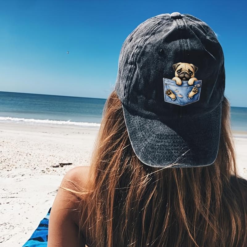 A Cute Dog Pattern Design Adjustable Vintage Washed Baseball Cap, Suitable for Street Outdoor Fashion for Both Men and Women