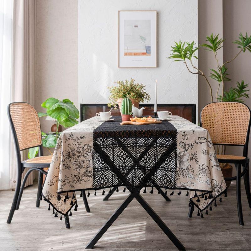White Black Crochet Hollowed Out Patchwork Tablecloth  Lace Edge Printed Dustproof Table Cover Tassel Color Matching Table Towel
