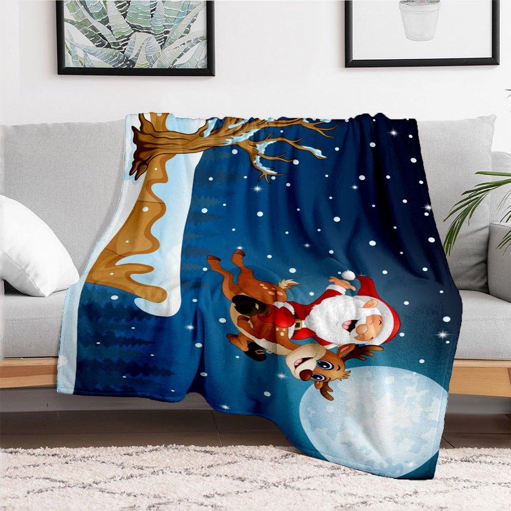Christmas Santa Claus and Deer Flying In Moon Night Wall Sticker Home DecorBlanket Flannel Throw Blanket for Sofa, Bed, Travel, Camping, Off