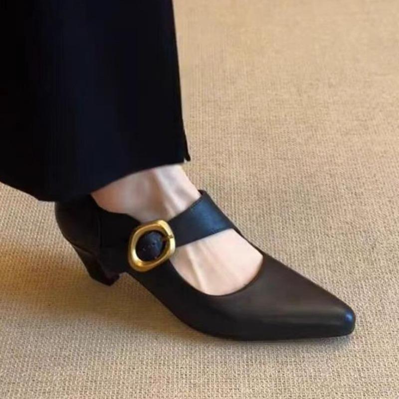 Fashion Fashion Pointed Toe Women Mid Heels Shoes Elegant Chunky Shallow Sandals 2025 Autumn New Trends Pumps Buckle Dress Zapatillas