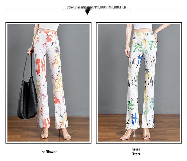 2024 Summer Women's Slimming Stretchy Micro-flare Long Pants with Printed Elastic Waist