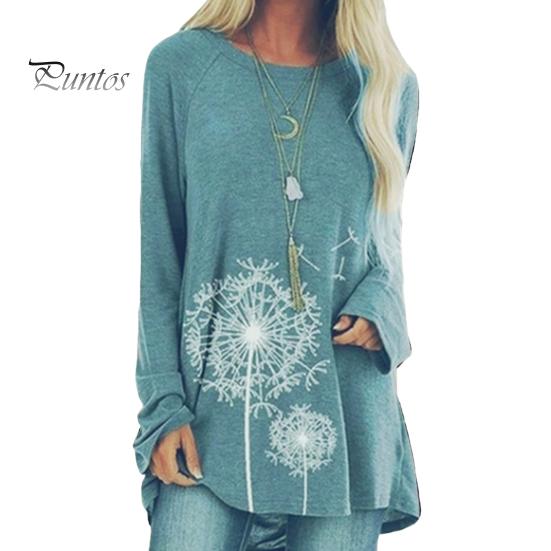 Damen-Tunika-Oberteil in Übergröße mit Löwenzahn-Print, Longline-Shirt, Rundhalsausschnitt, Langarm, Pullover, T-Shirt, lässige Bluse mit lockerer Passform für die Arbeit, den Alltag