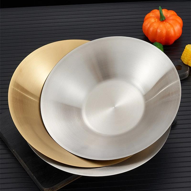 304 Deepened Stainless Steel Dinner Plate Korean Style Round Fruit Serving Dishes Trays Main Dining Noodles Platter Salad Bowl