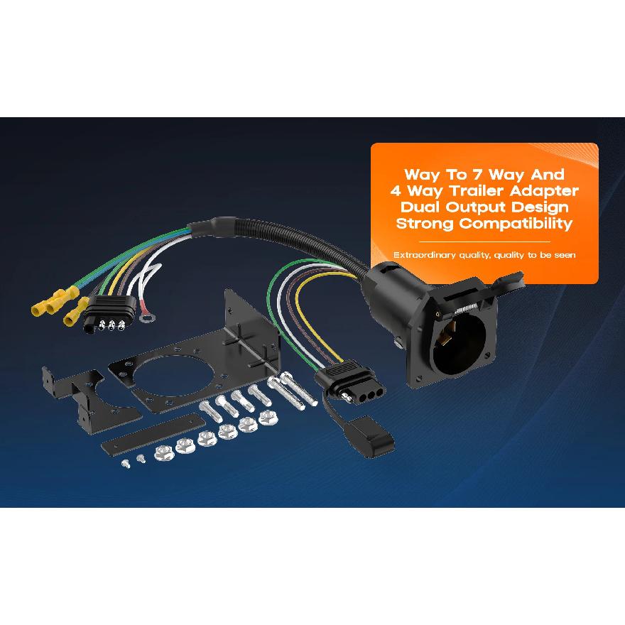 4 Way To 7 Way RV Blade & 4 Way Flat Trailer Wiring Adapter Dual Output Connector Kit with Mounting Bracket for Truck RV Trailer