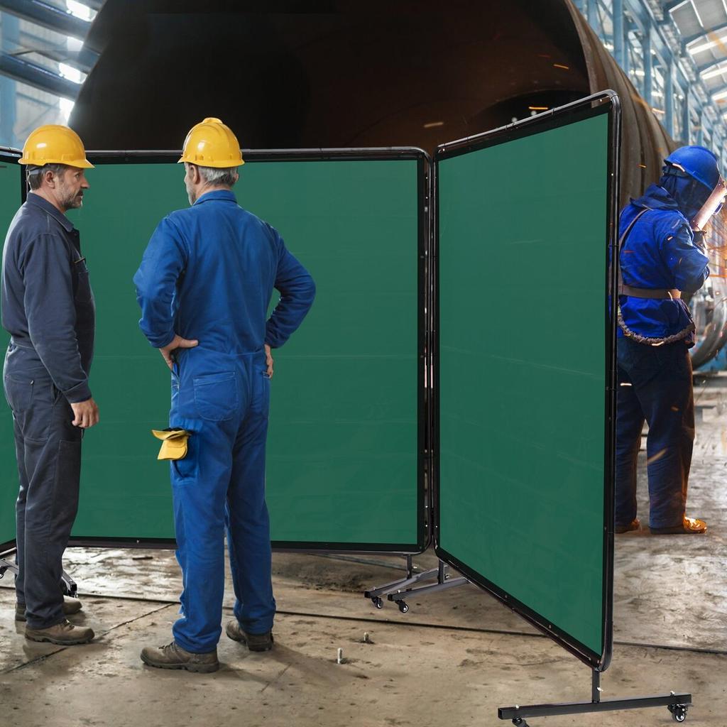 Welding Screen with Frame, 6' x 6' 3 Panel Welding Curtain Screens, Flame-Resistant Vinyl Welding Protection Screen on 12 Swivel Wheels (6 Lockable),