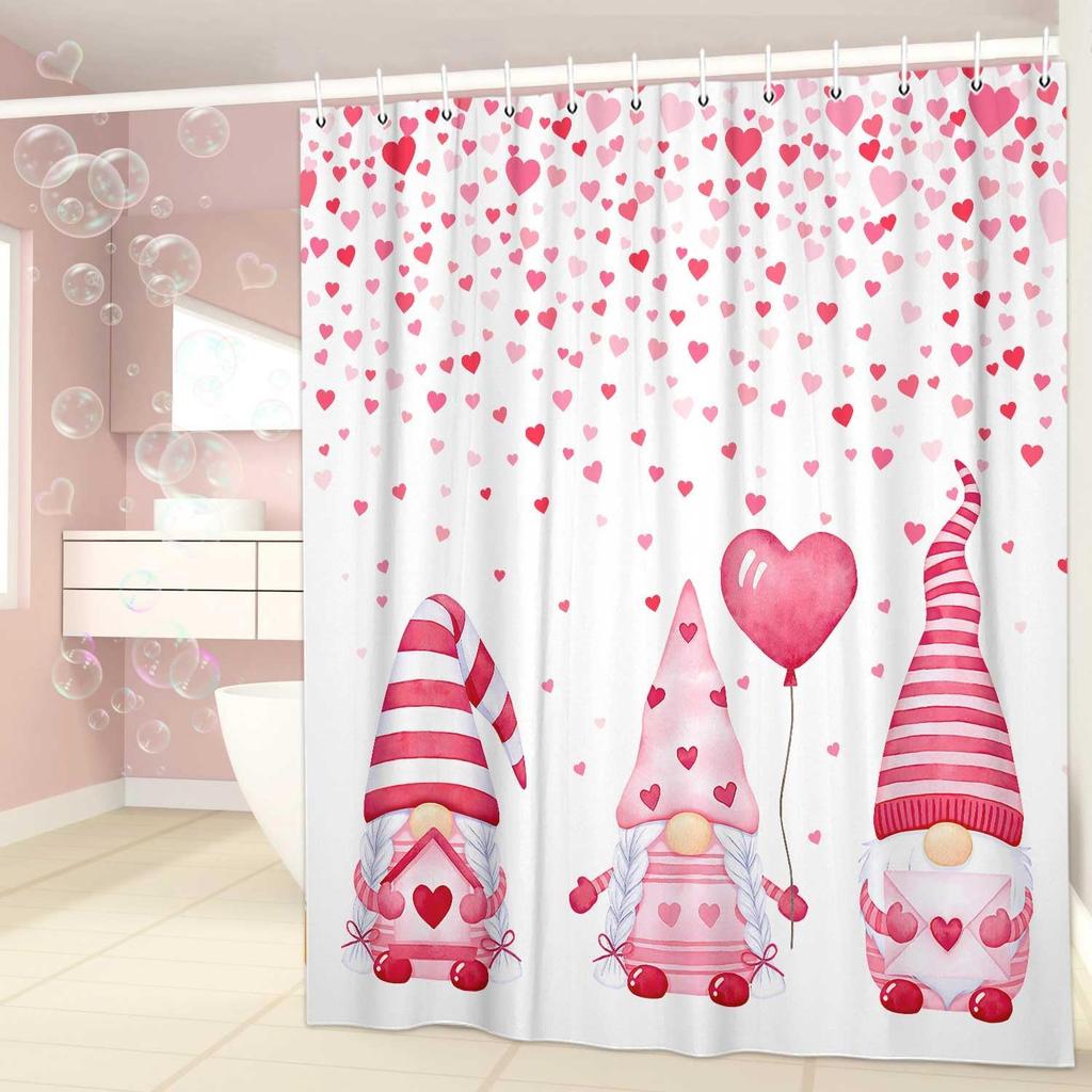 Valentine's Day Shower Curtain for Bathroom, Falling Pink Heart with Cute Gnome, Romantic Lover Holiday Fabric Shower Curtain
