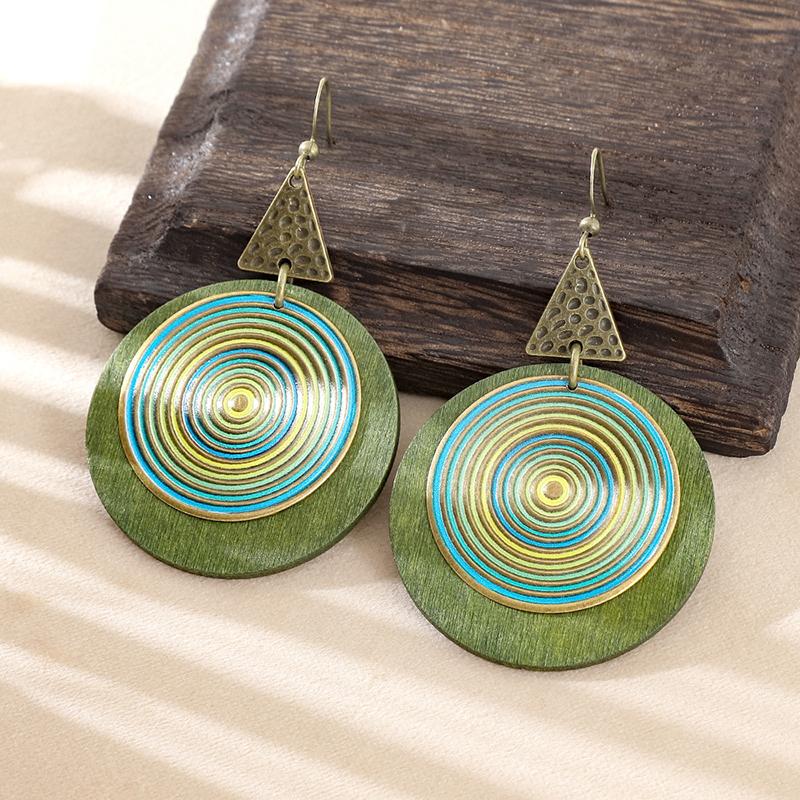 Vintage Boho Exaggerated Big Statement Round Wooden Metal Drop Earrings Woman Ethnic Creative Geometric Dangle Female Jewelry