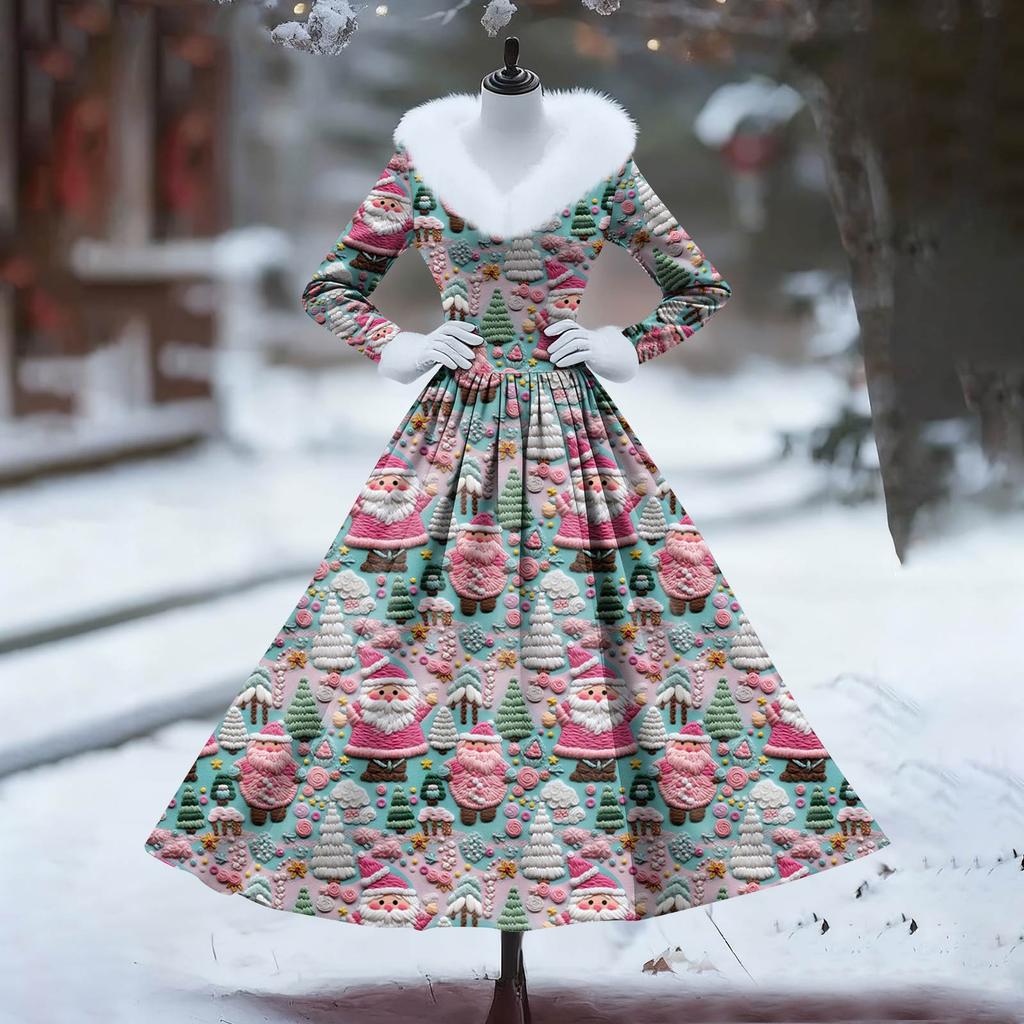 Women's Casual Dress Long-Sleeve V-Neck Patchwork Fleece Christmas Print Dress