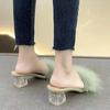 New Summer Fluffy Peep Toe Sexy High Heels Women Shoes Fur Feather Lady Fashion Wedding Slip-On Pink Square  Sandals