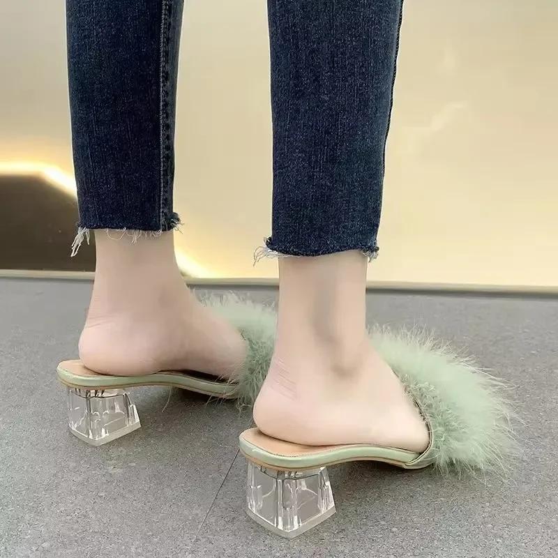 New Summer Fluffy Peep Toe Sexy High Heels Women Shoes Fur Feather Lady Fashion Wedding Slip-On Pink Square  Sandals