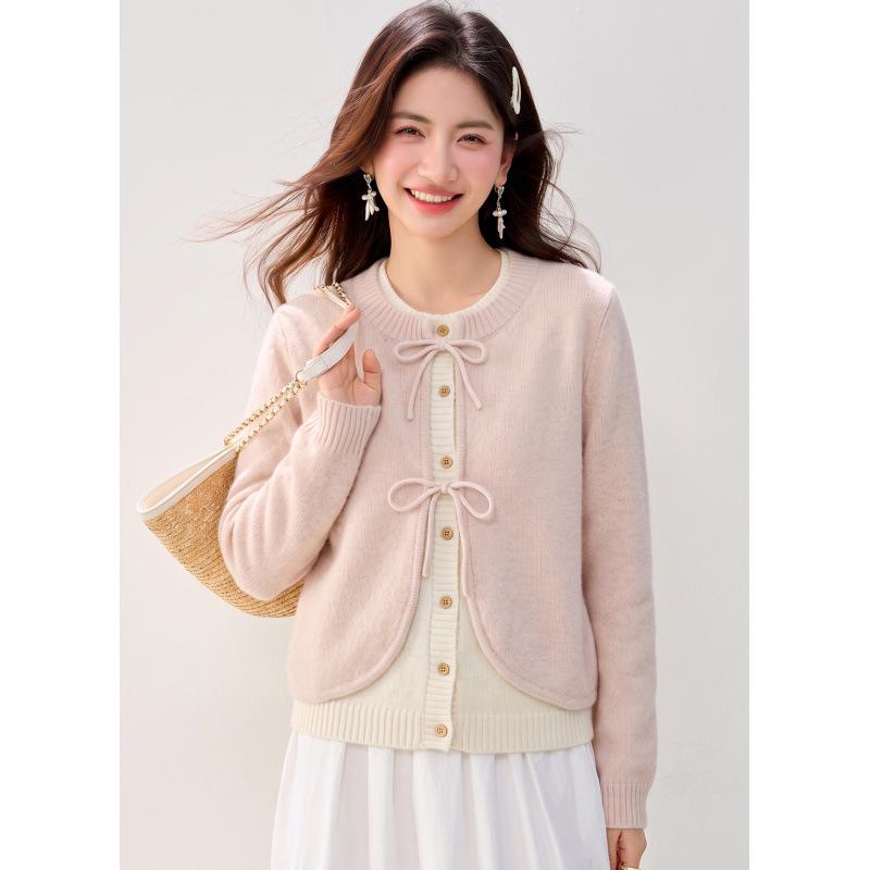 Pink Patchwork Bow Tie Knit Sweater for Autumn/Winter 2026