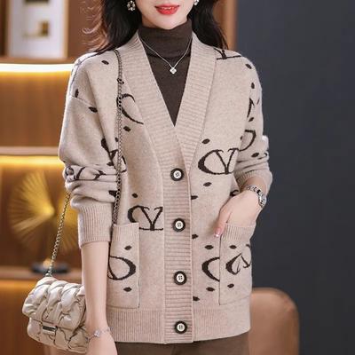 Women's V Neck Printed Knitted Cardigan Autumn Winter Loose Thick Plus Size Sweater Jacket