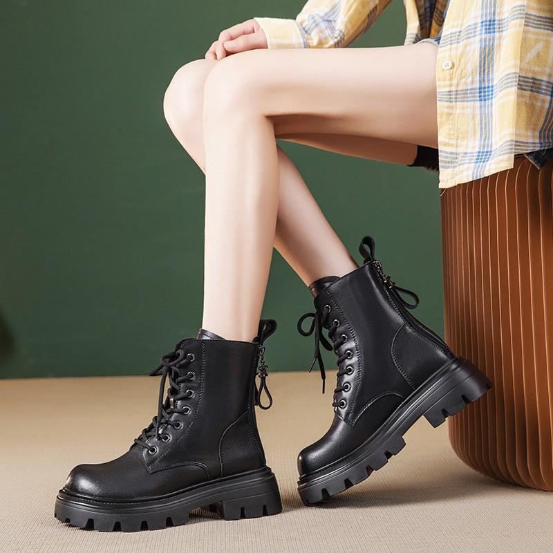 Womens Chunky Sole Chelsea Boots With Zipper Back Lace-Up Front Classic British Style Ankle Winter