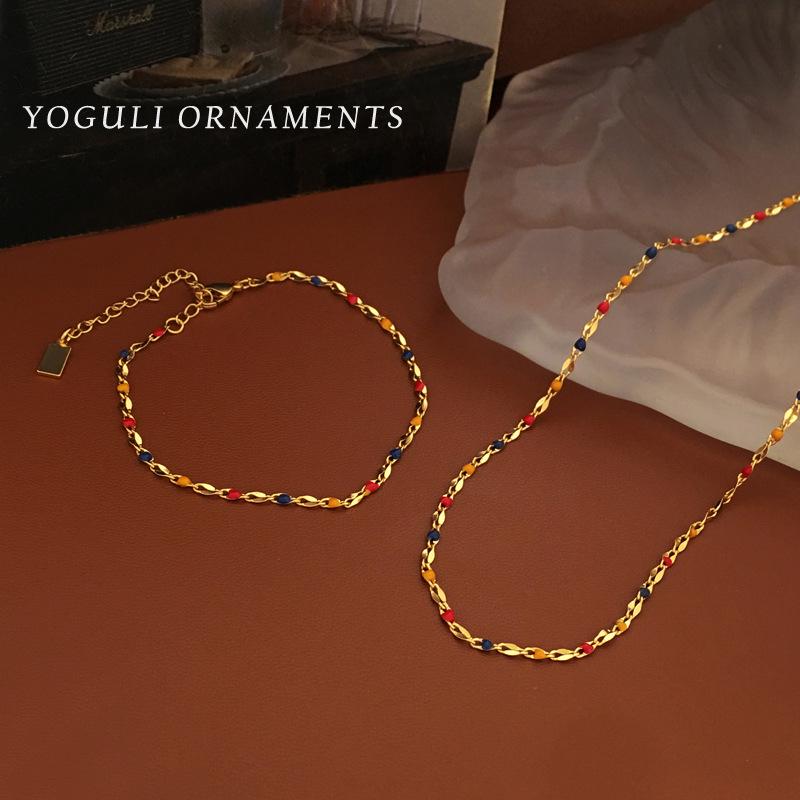 Copper Plated Gold Retro Color Block Drip Oil Necklace - Fashionable Jewelry Clavicle Chain
