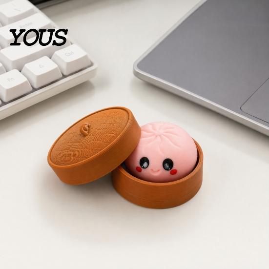 Dumpling Fidget Toy Cartoon Clicker with Steamer, 3D Printed Smiling Steamed Press Bun Decompression Toy, Shape Finger for Stress Relief