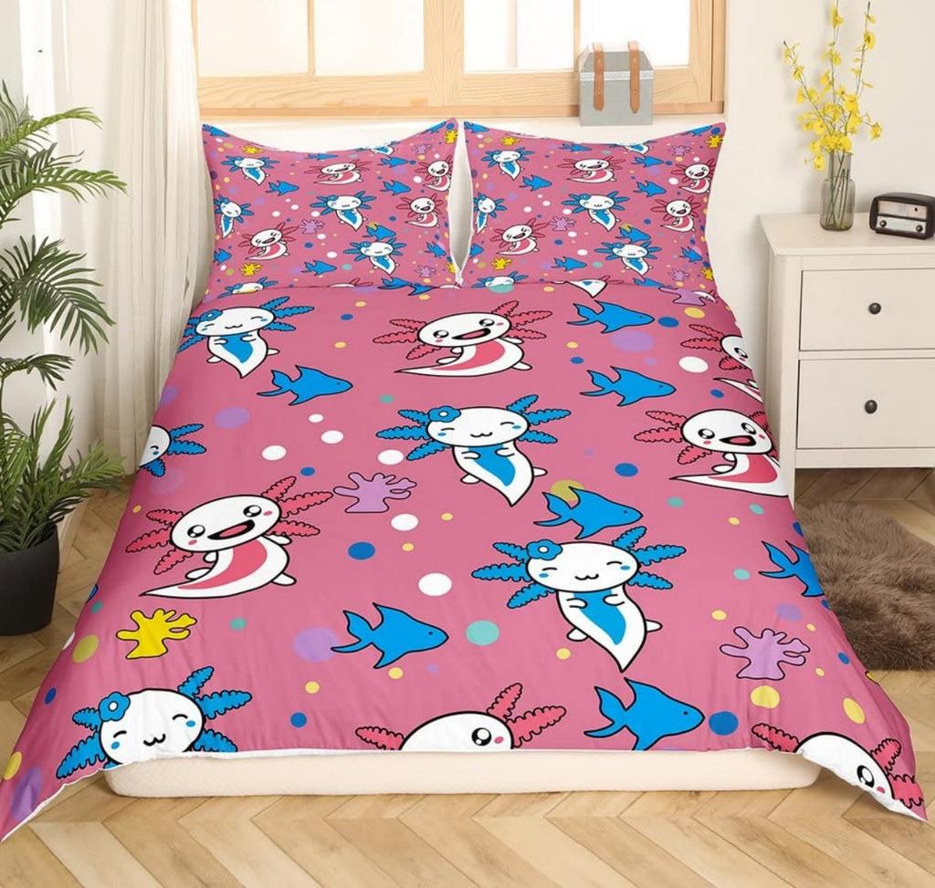 Cartoon Pink Axolotl Floral Duvet Cover King Size 3D Cute Salamander Bedding Set Suitable For Boys Girls Room Decoration 3 Pcs