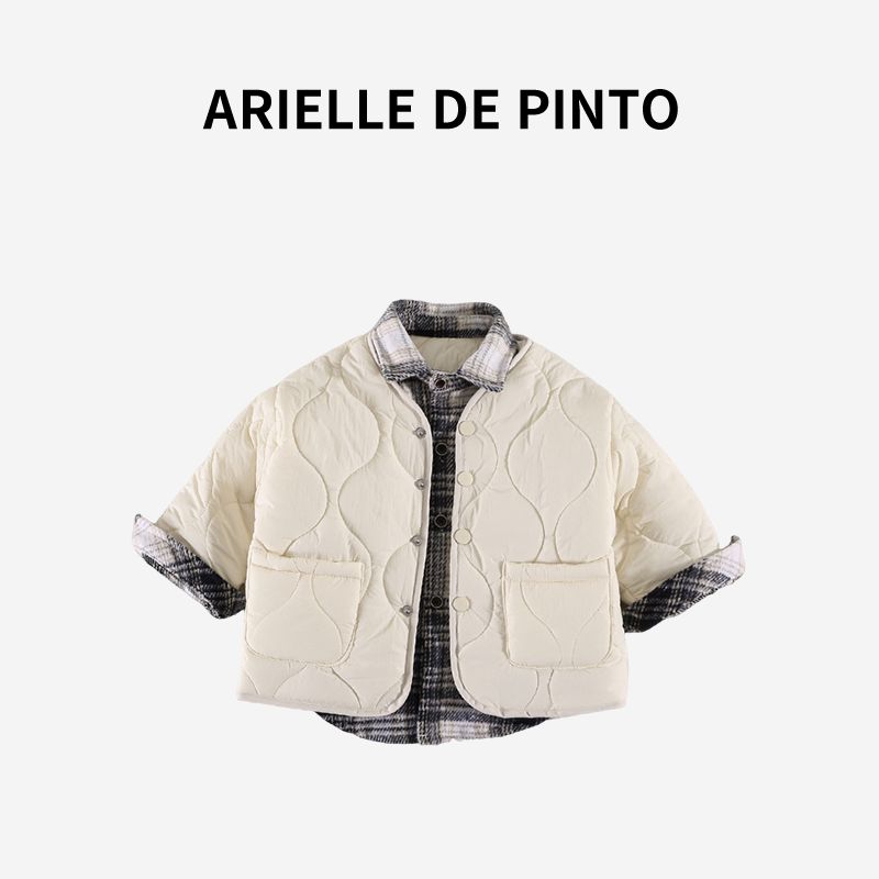 French Arielle De Pinto Boys  Cotton Jacket, New Winter Style, Stylish Boys  Faux Two-Piece Lightweight Cotton Coat, Trendy Beige 110