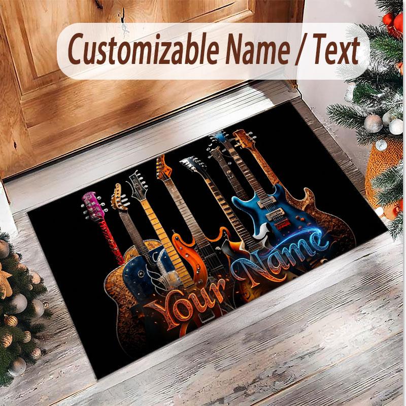 Music Guitar Theme Soft Crystal Velvet Rug Custom Name & Text Print Non Slip Floor Rug for Bedroom Living Room