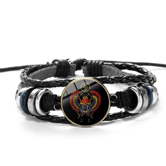 Mısır Böceği Vintage Bilezik Güç Sembolü Eski Mısır Punk Dokuma Siyah Deri Bilezikler Cam Düğme Bilezikler