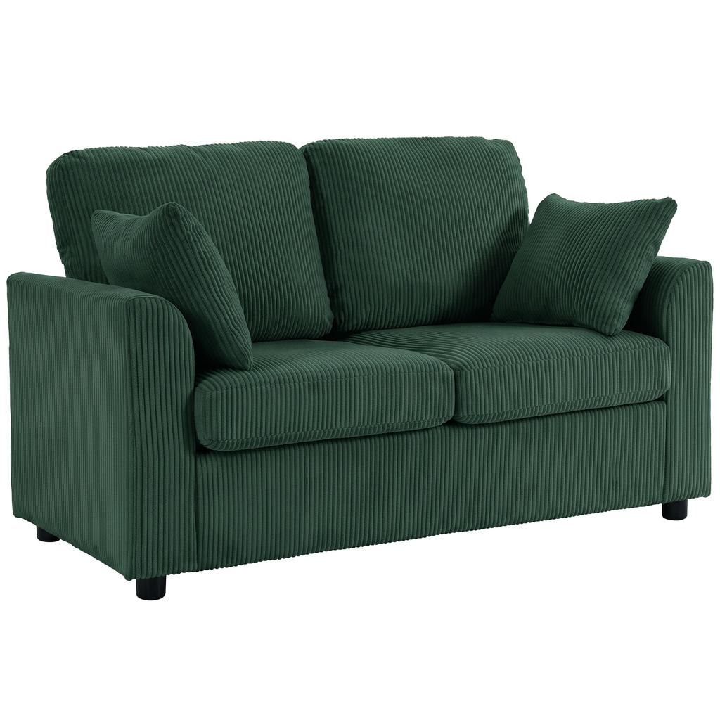 2 Seater Sofa, Corduroy Small Couch with Spring Cushion, Wide and Deep Seat, Dark Green