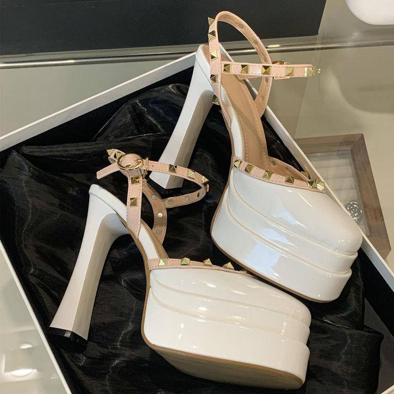 Fashion 2025 Baotong Women'S Sandal Rivet Decoration Summer Waterproof Platform Thick Heel Super High With A Line Buckle Square Head