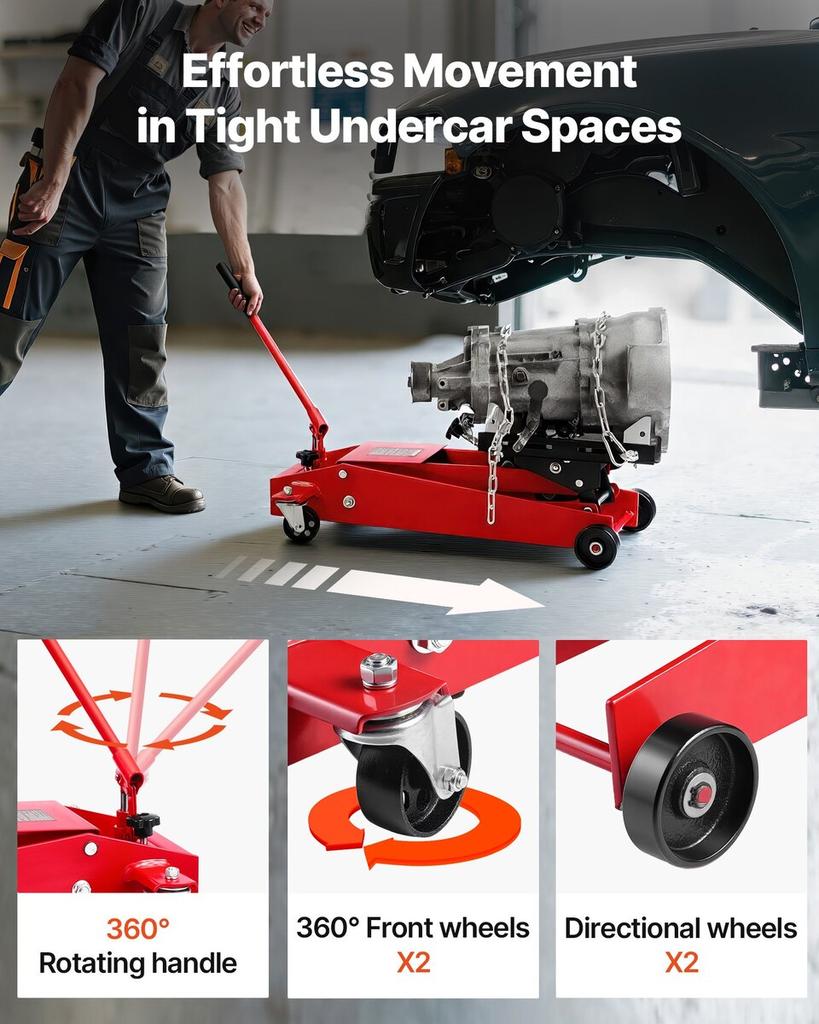 Low Profile Floor Jack, 1000 Lbs / 0.45 Ton Lifting Capacity Telescoping Transmission Floor Jack, 16-64 Cm Lifting Height, 360° Swivel Front Wheels,