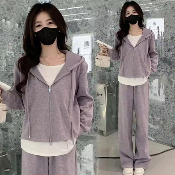 

Women s Casual Sports Suit - 2025 Spring/Autumn Hooded Sweatshirt & Wide-Leg Pants Set Large