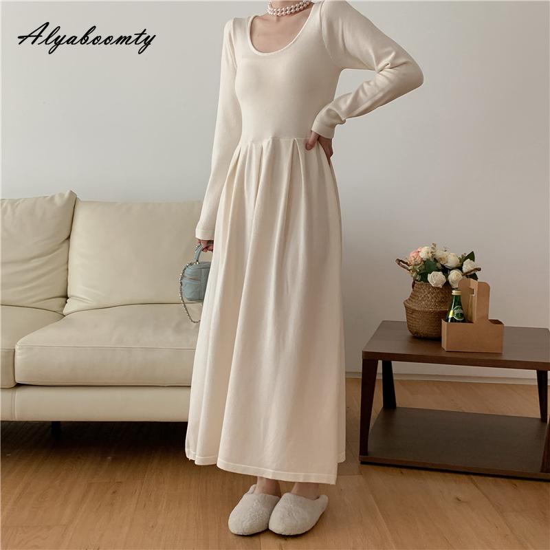 

Осенне-зимнее женское плотное теплое платье с круглым вырезом, черное, серое, бежевое, кофейное, абрикосовое, вязаное платье, элегантное женское платье-свитер