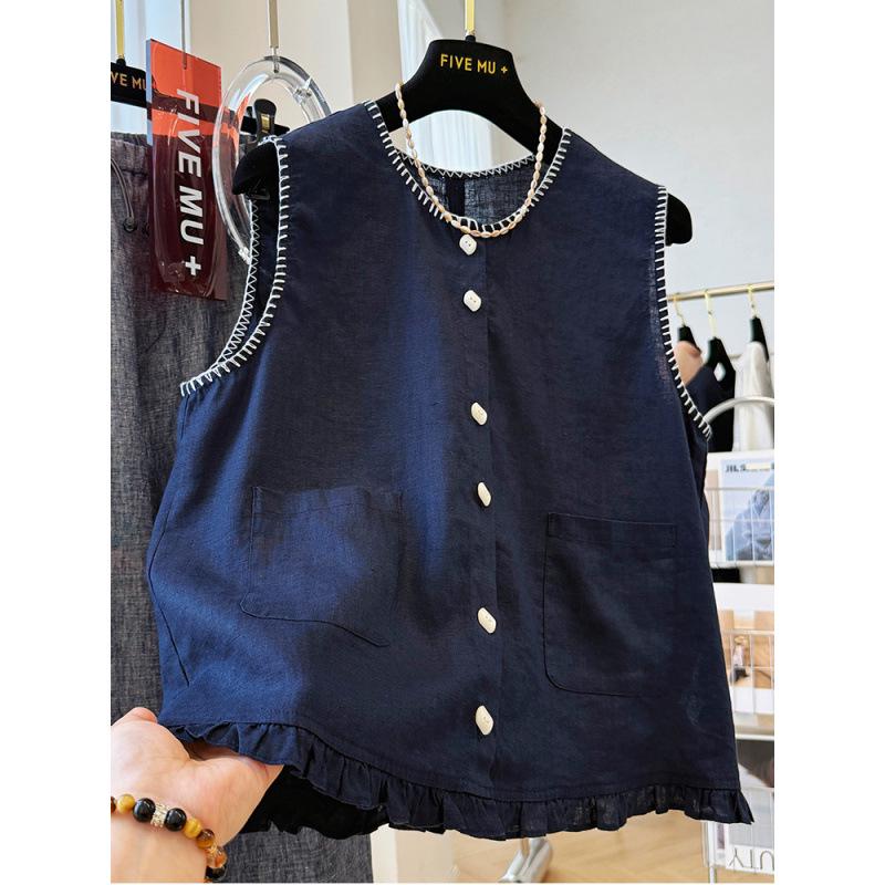 Women s Summer Cotton-Linen Embroidered Sleeveless Tank Top with Wood Ear Edge Extra Large темно-синий