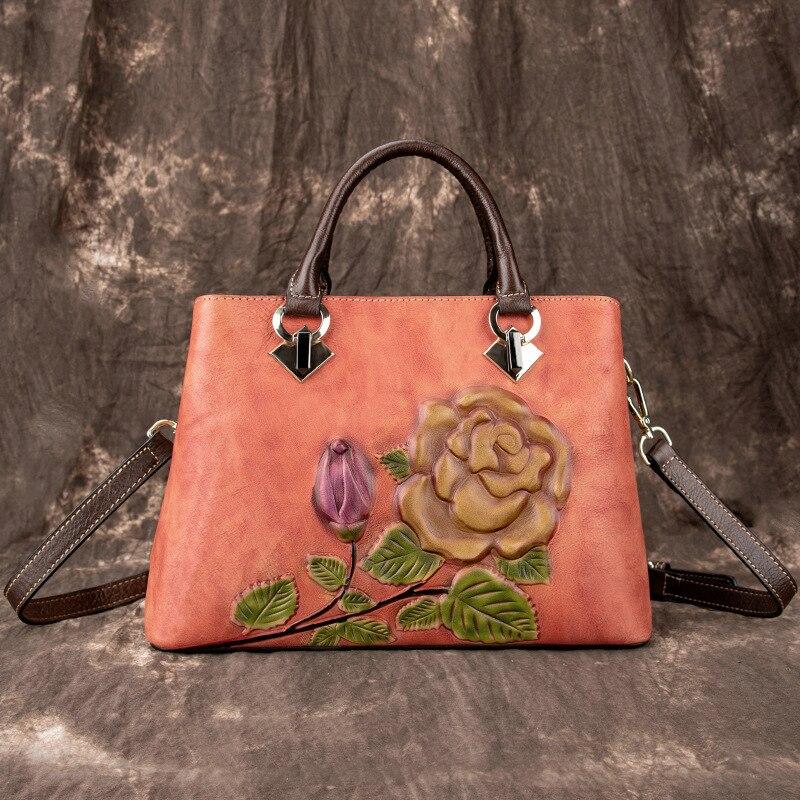 Johnature Vintage Handbag Handmade Embossing Cow Leather Women Bag Large Capacity Floral Female Shoulder Messenger Bags