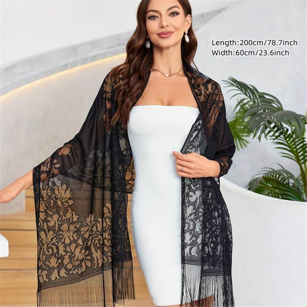 Elegant Women Shawl Wrap for Evening Dress Lightweight Scarf Malaysia Solid Color Hollowed Tassel Long Cape Shawl