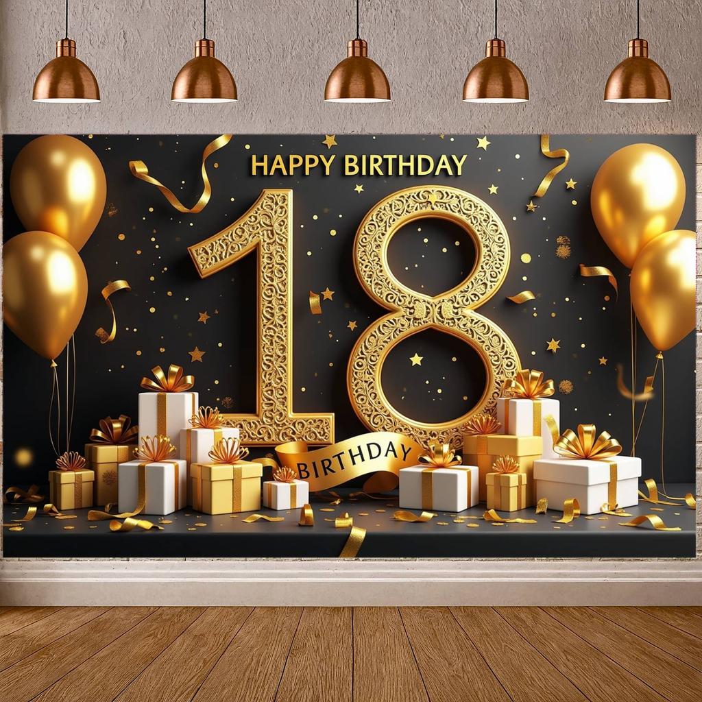 18th Birthday Banner Black Golden Color Decoration Polyester Material For Party Celebration Indoor Decor Birthday Celebration