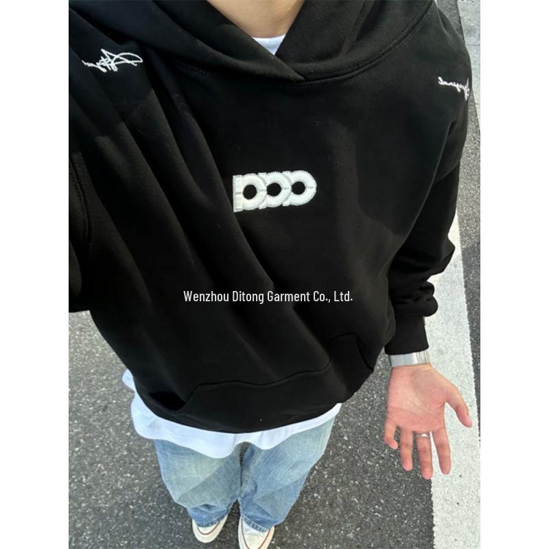 Dark Gray Embroidered Men s Hoodie: Trendy American Style, Heavyweight Cool Design for Autumn/Winter, Perfect Couple Outerwear. XL