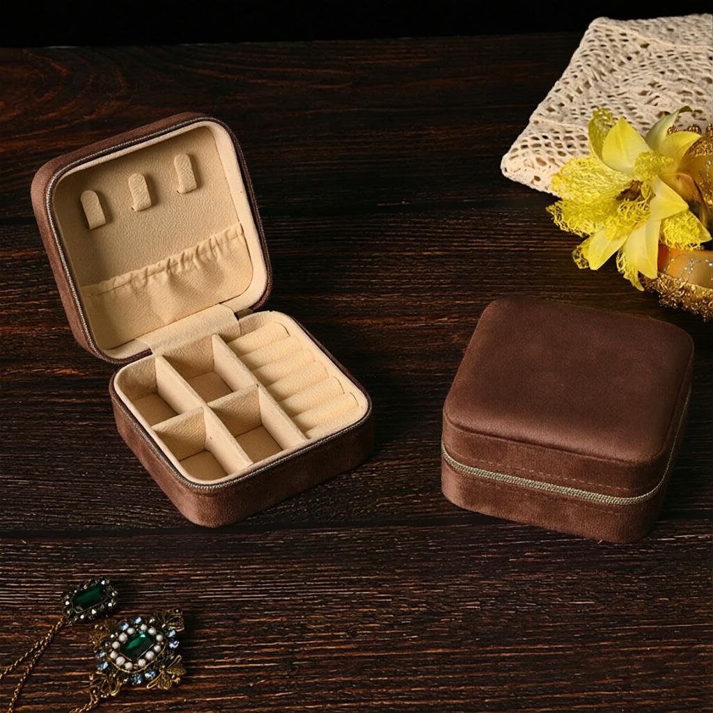 High-End Jewelry Storage Box with Mirror Pattern for Rings, Earrings, Necklaces - Women's Zipper Style Organizer.