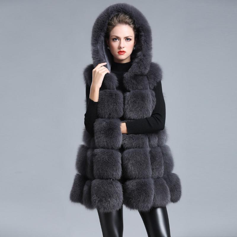 

Осенне-зимний жилет с капюшоном из искусственного меха, имитация лисьего меха, средней длины, женская модная куртка большого размера, теплая S темно-серого
