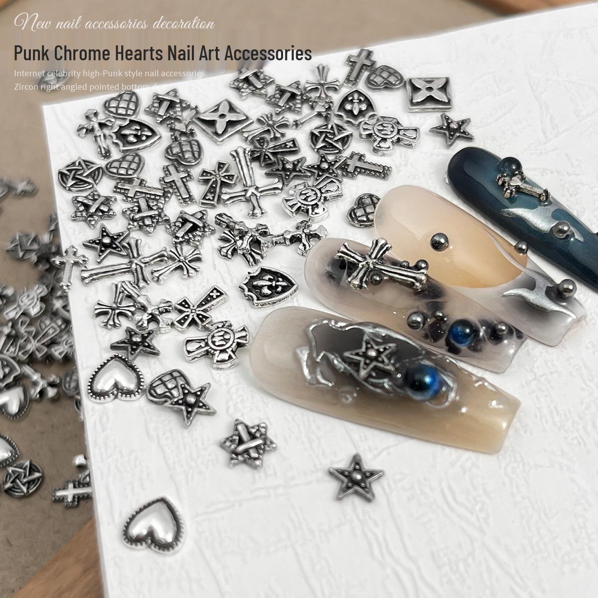 

Trendy Chrome Hearts Retro Punk Cross Silver Nail Accessories