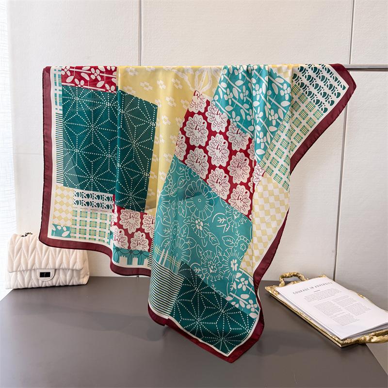 Contrasting Color Splicing Satin Simulation Silk Printing Large Square Scarf Silk Scarf Shawl Headscarf Neck Protection Scarf