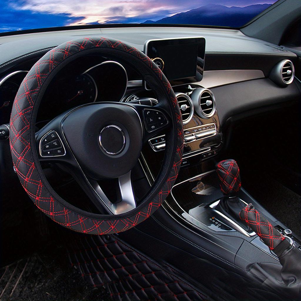 3pcs Steering Wheel Cover Gear Shift Cover Handbrake Cover Fit For 38cm/15", Without Inner Ring