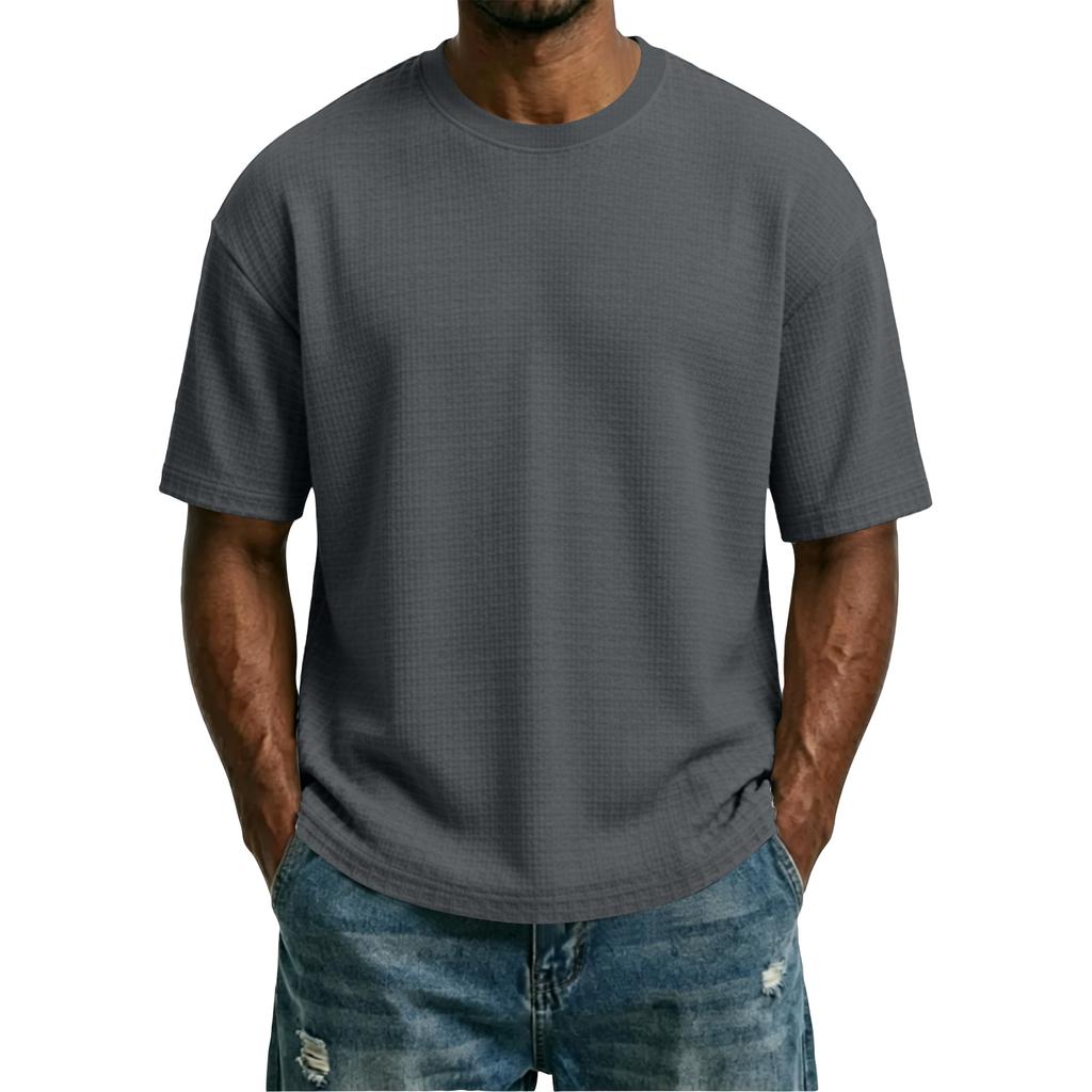 Men's Solid Waffle Texture Loose Fit Crew Neck Short Sleeve T Shirt Casual Lightweight Breathable Fabric Summer Top