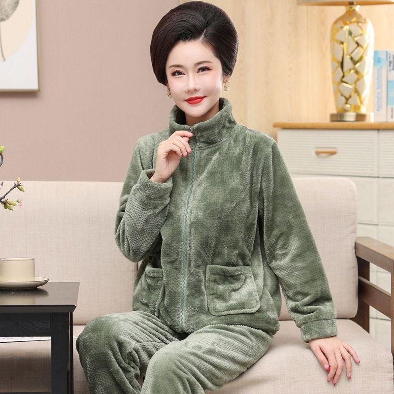 Autumn and Winter Coral Fleece Pajamas Ladies Zipper Hooded Plus Velvet Thick Warm Flannel Home Service